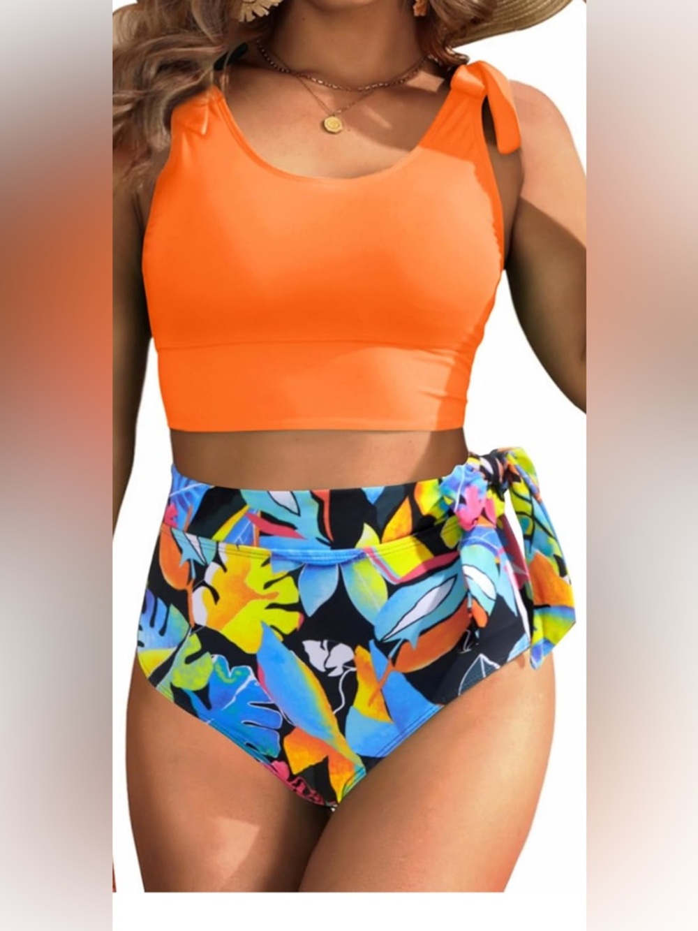 Younique Orange Tie-Shoulder Crop Bikini Top with Tropical High-Waist Bottoms